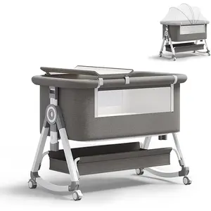 Foldable Baby Bassinet Bedside Sleeper, Portable Crib with Wheels & Diaper Changing Table, Adjustable Height Infant Bed, Co-Sleeper for Newborns, Breathable Mesh