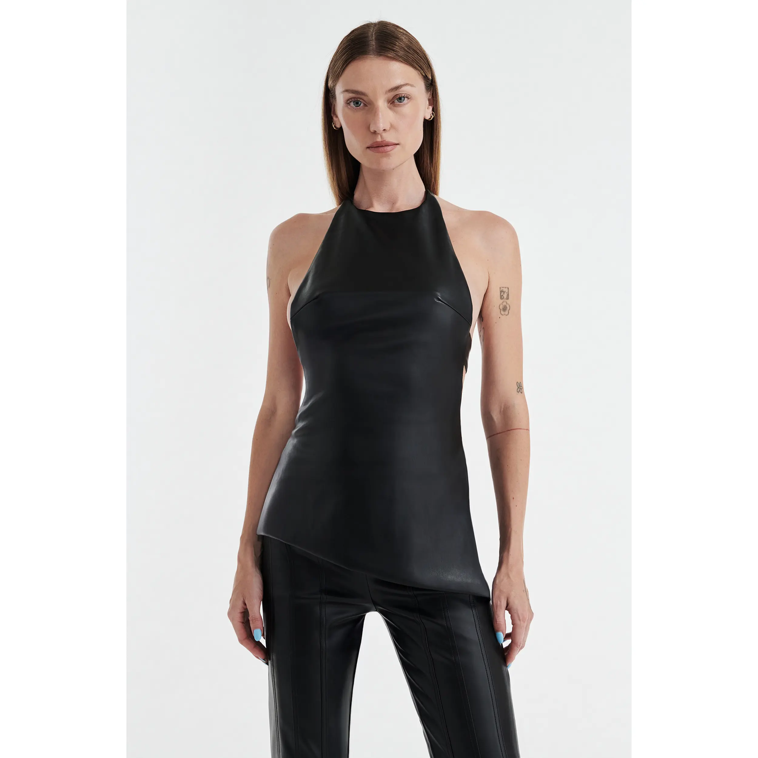 INES ASYMMETRICAL FAUX LEATHER TOP - BLACK