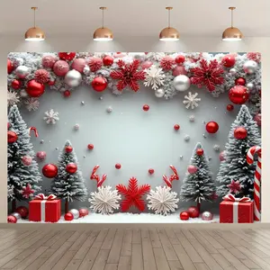 Christmas Themed Background Banner, 1 Count Exquisite Christmas Tree & Gift Pattern Backdrop, Wall Hanging Backdrop, Party Decoration Supplies for Home Garden Wall, Ornaments