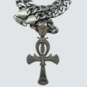 MaxBling81 Egyptian Ankh Cross Hematite Black Pendant & 11mm 20" Cuban Chain & Link Hip Hop Style Unisex Fashion Costume Jewelry Necklace