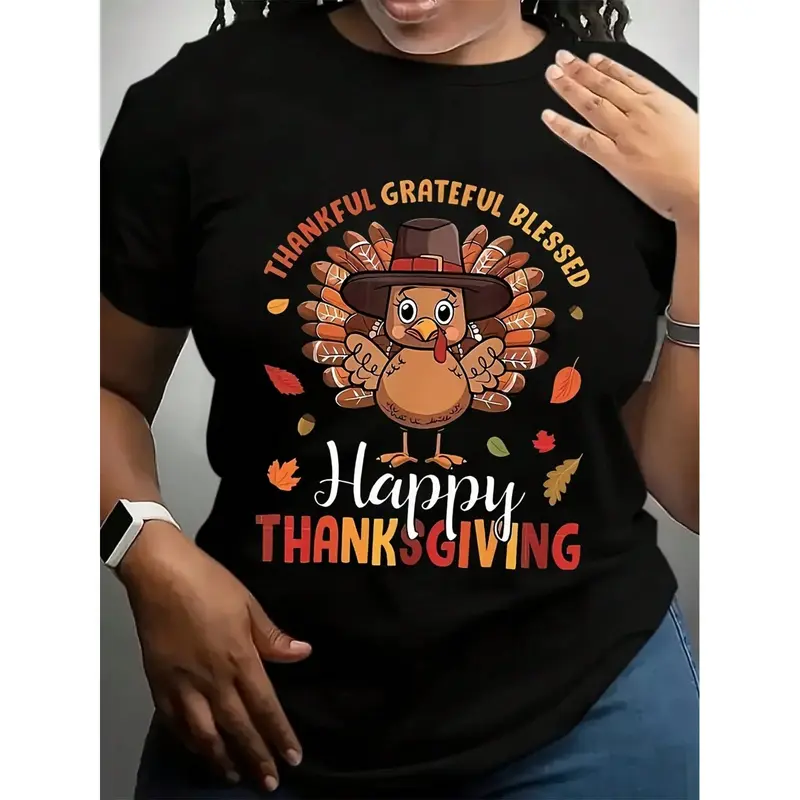 [100% Cotton] Women'S Plus Size Thanksgiving Graphic T-Shirt - Happy Thanksgiving Print With Pumpkins, Casual Short Sleeve Round Neck Top Fashion Print Women'S T-Shirt  Fabric Double Lining Cotton  On Golf Gift T-Shirt For Men And Women