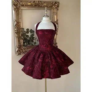 Lovelzi Elegant, Romantic, Fashionable Burgundy Jacquard Fabric Halter Backless Long Sleeve A-Line Dress, Suitable For Graduation Ceremony, School Opening, Music Festival, Birthday Party, Wedding, Afternoon Tea Gathering, Prom