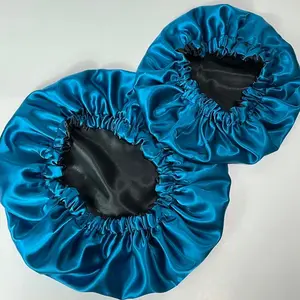 Handmade Teal and Black Reversible Satin Bonnet