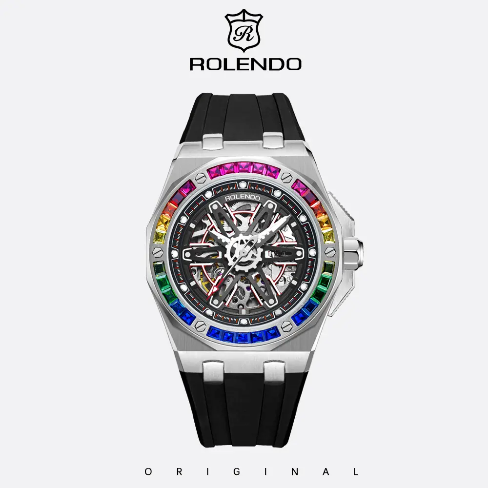 ROLENDO Skeleton Automatic Men Watch, Luxury Rainbow Gemstone Bezel Octagonal Stainless Steel Case, Black Silicone Strap Sapphire Crystal Sport Wristwatch with Gift Box