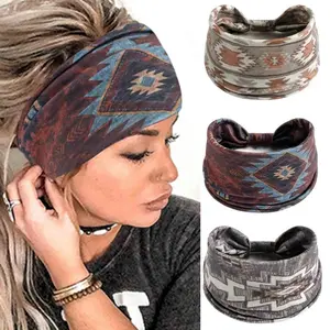 Women's Bohemian Vintage Print Wide Hairband, Geometric Pattern Elastic Thick Fabric Yoga Fitness Headwear, Sports Headband, 3 Piece Set
