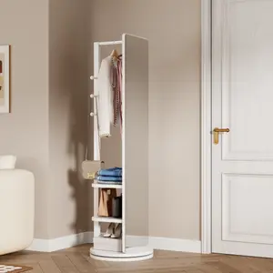 360° Rotating 69"x16" Multifunctional Full Length Mirror with Hook Storage Rack Coat Rack with Mirror Solid Wood Floor Mirror Bedroom Living Room Cloakroom Space Saving (white)