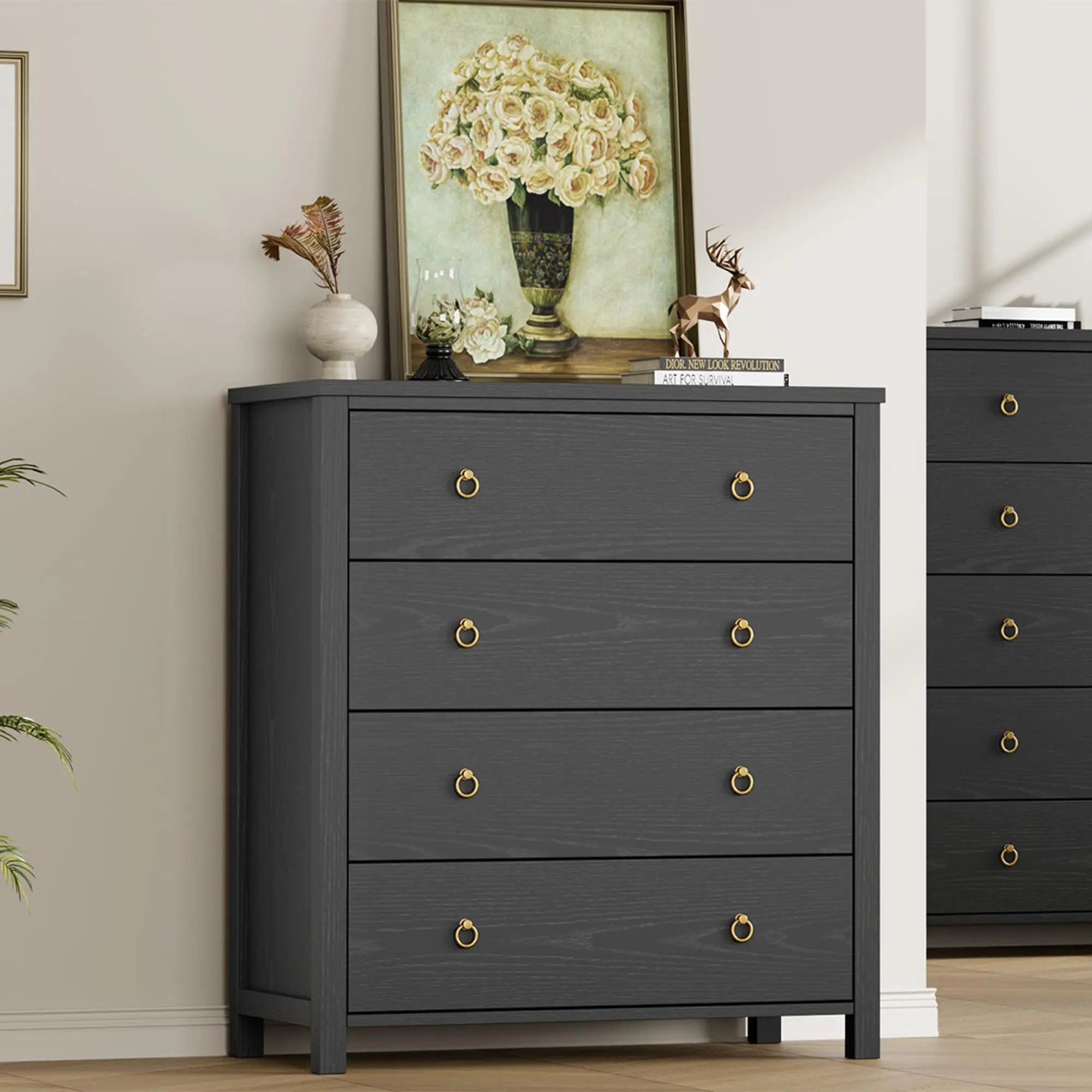 Black Wooden 4-Drawer Vertical Chest - Sturdy 37-in Tall Water Resistant Storage Cabinet, 80 lb Capacity Wood Container, Multi-Functional Clothing Organization Unit for Bedroom, Nursery, Wooden Vertical Chest, Storage Organization