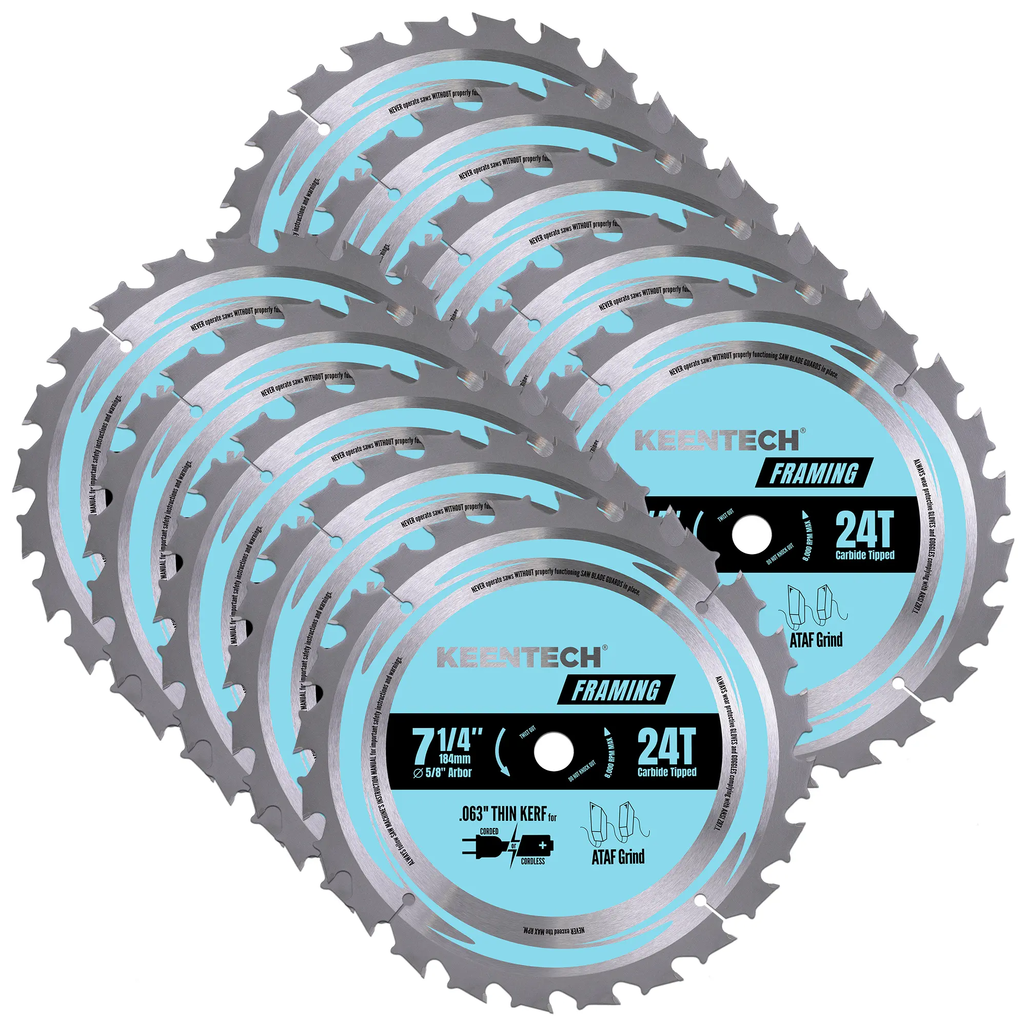 KEENTECH 7-1/4 Inch 24T Carbide Teeth Circular Saw Blade, 5/8" Bore, 10 Blades Pack Heavy Duty Tool for Cutting Wood, Plywood, MDF, OSB with Longer Service Life, Arbor Mount
