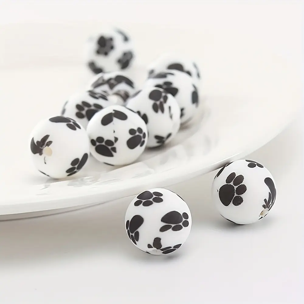 [Silicone Beads] 50pcs Silicone Printed Beads | 15mm Skull Dog Paw Animal Print Beads, Flower Rainbow Striped Beads, Loose Round Silicone Spacer Beads, For Adults DIY Crafts Supplies
