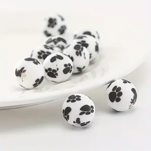 [Silicone Beads] 50pcs Silicone Printed Beads | 15mm Skull Dog Paw Animal Print Beads, Flower Rainbow Striped Beads, Loose Round Silicone Spacer Beads, For Adults DIY Crafts Supplies