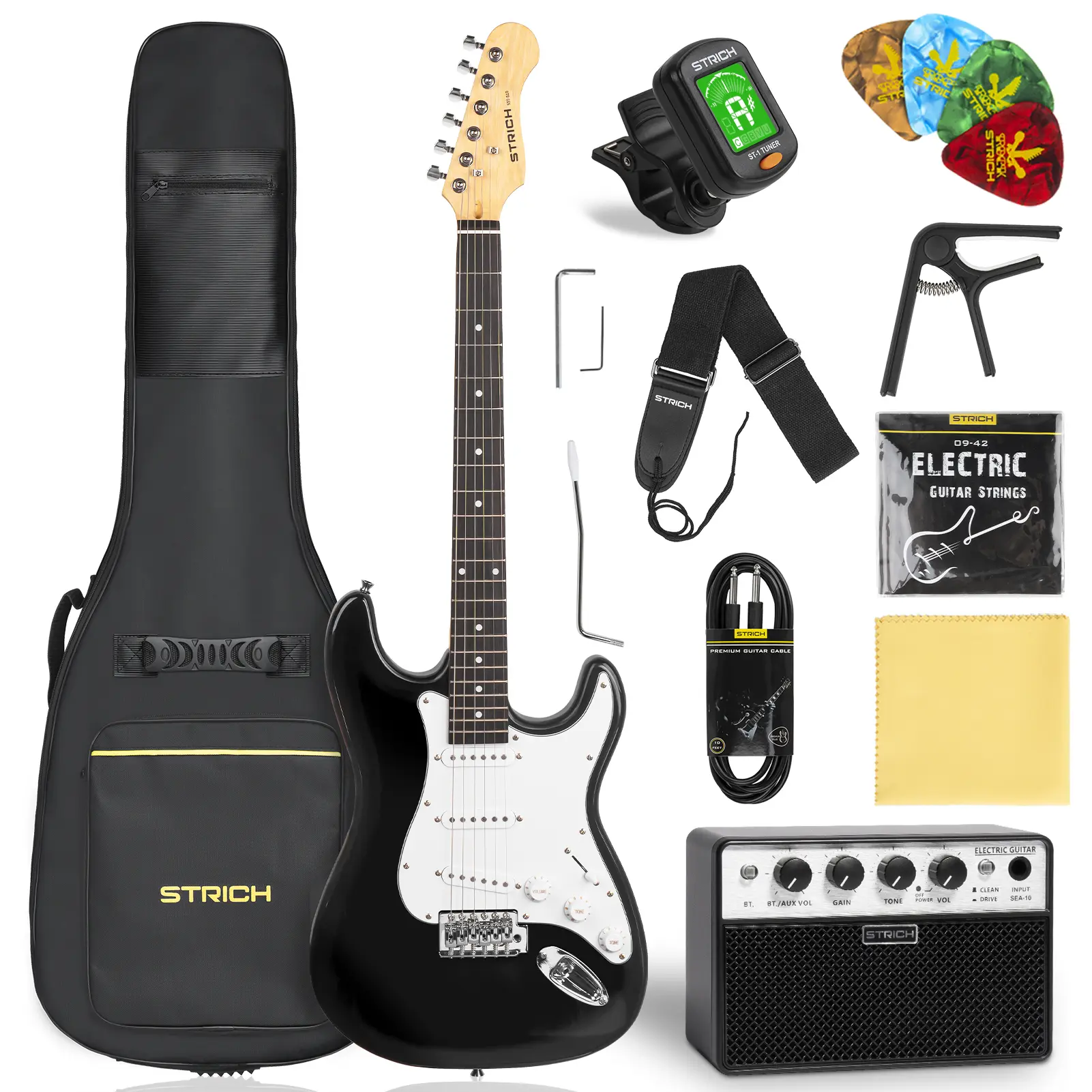 STRICH 39" Beginner Electric Guitar Kit SST-S10 (Black) - SSS Pickup, 10W Amplifier, Bag, Tuner, Capo, Strap, Strings, Cable, Picks, Father's Day Gift