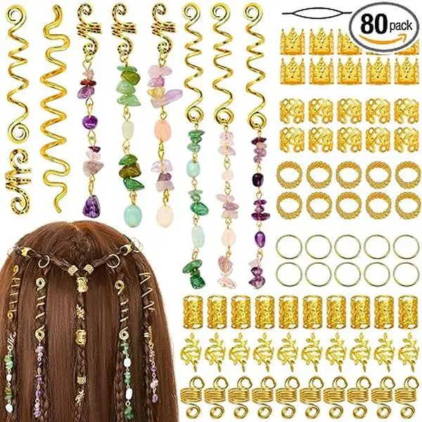 80 Pcs Natural Crystal Stone Dreadlock Accessories, Hair Jewelry for Braids Hair Spirals Gems Charms Adjust Gold Loc Jewelry for Hair Cuffs for Adult Women Braids Hairstyle Decoration