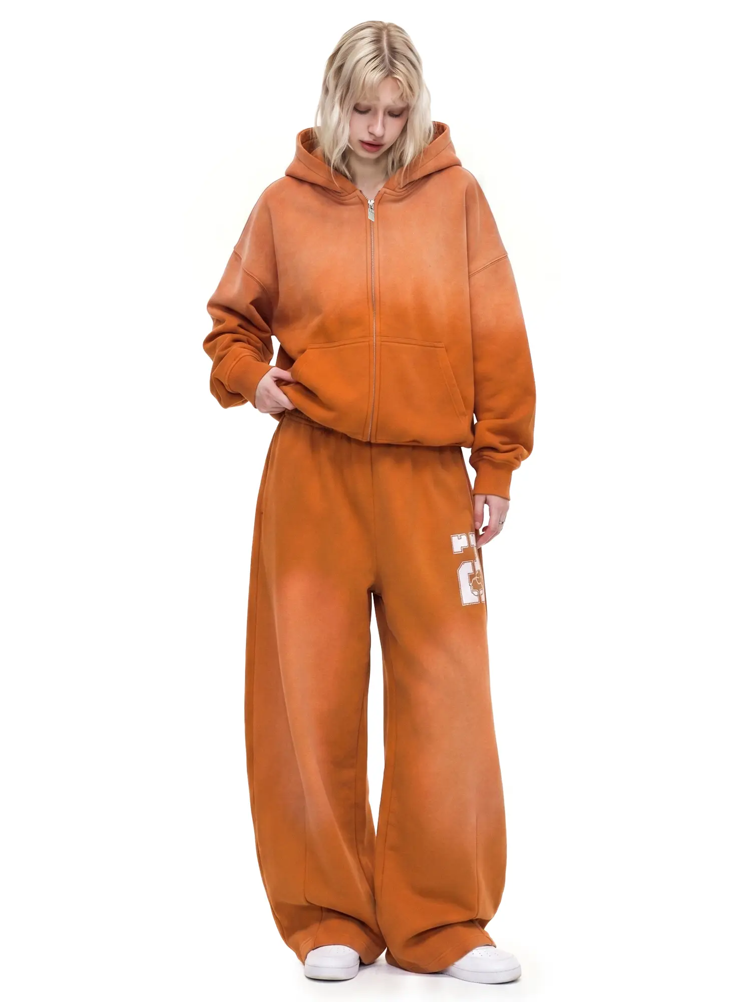 FDR Washed Cloud Zip-Up Hoodie & Baggy Sweatpants Set, Unisex Oversized Soft Fleece Two-Piece Outfit, Vintage Number Graphic, Straight Leg Low Waist Pants, Cozy Casual Streetwear for Everyday Wear