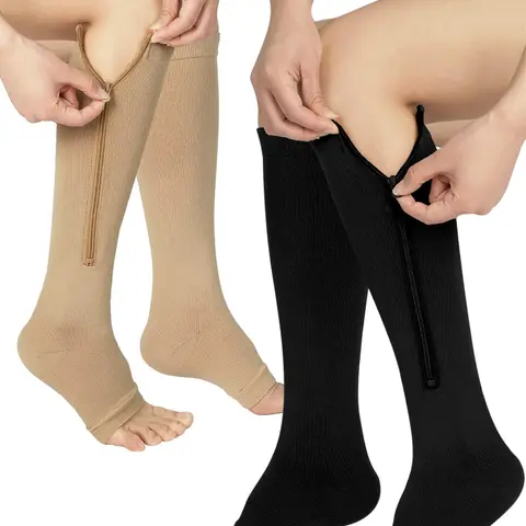 Compression Socks 20-30mmHg Zipper 2 Pairs - Gradual Medical Compression, Targeted Zip Fit, Reinforced Heel, Flat Seams for Running, Travel & Varicose Veins Relief - Unisex Beige or Black