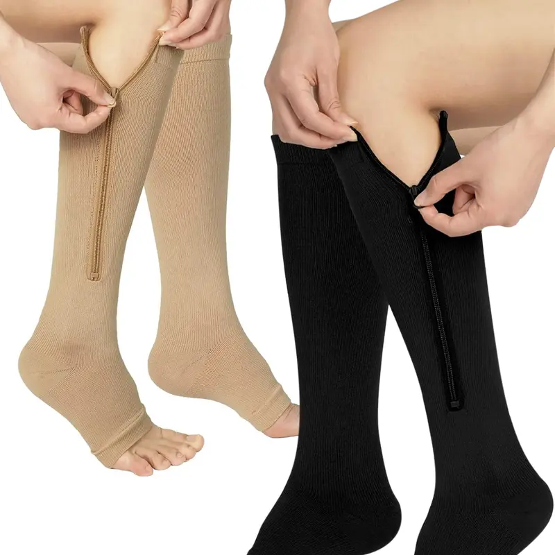 Compression Socks 20-30mmHg Zipper 2 Pairs - Gradual Medical Compression, Targeted Zip Fit, Reinforced Heel, Flat Seams for Running, Travel & Varicose Veins Relief - Unisex Beige or Black