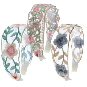 Boho Chic Floral Embroidery Headbands for Women & Girls - 3 Pack Wide Breathable Mesh Hair Accessories with Non-Slip Elastic for Spring Summer Fashion