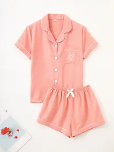 Women's Two-Piece Pajama Set, Casual Comfortable Fitted Woven Lapel Pocket Shirt Short Sleeve + Elastic Waist Shorts, All-Season Sleepwear Loungewear Pjs Womenswear