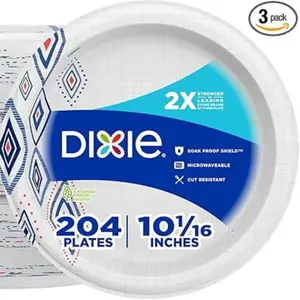 Dixie Large Paper Plates, 10 Inch, 204 Count, 2X Stronger*, Microwave-Safe, Soak-Proof, Cut Resistant, Disposable Plates For Everyday Breakfast, Lunch, & Dinner Meals
