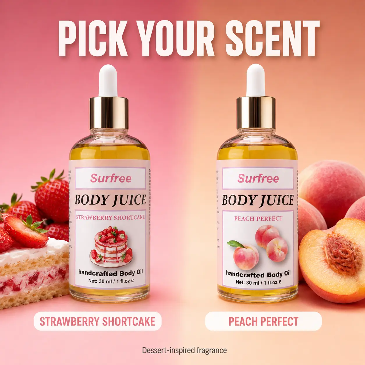 Scented Body Oil, 30 ml Dropper Bottle, Choice of Strawberry Dessert or Peach Scent, Lightweight Texture for Daily Body Care, 1 Bottle per Order