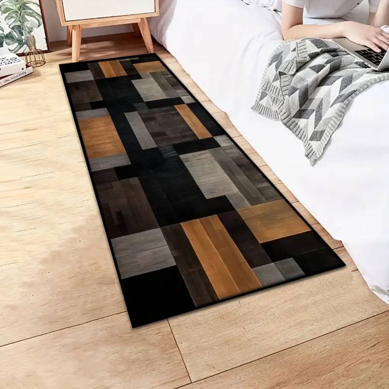 Thin Velvet Long Runner Rug, Rustic Wood Plank Patchwork Hallway Carpet, Washable Non-Slip Entryway Floor Mat for Bedroom Kitchen