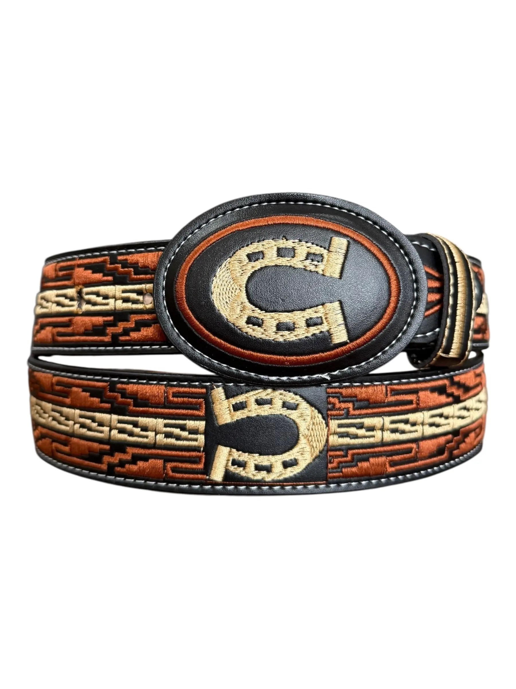Cinto Vaquero Negro Bordado de Piel Herradura Black Western Style Embroidered Cowboy Leather Belt Horseshoe