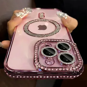 New Fashion Glitter Diamond Transparent Case with Lens Protection, for IPhone 17 16 15 14 13 12 11 Pro Max 16 15 14 Plus Funda Magnetic Wireless Charge Bumper Cover