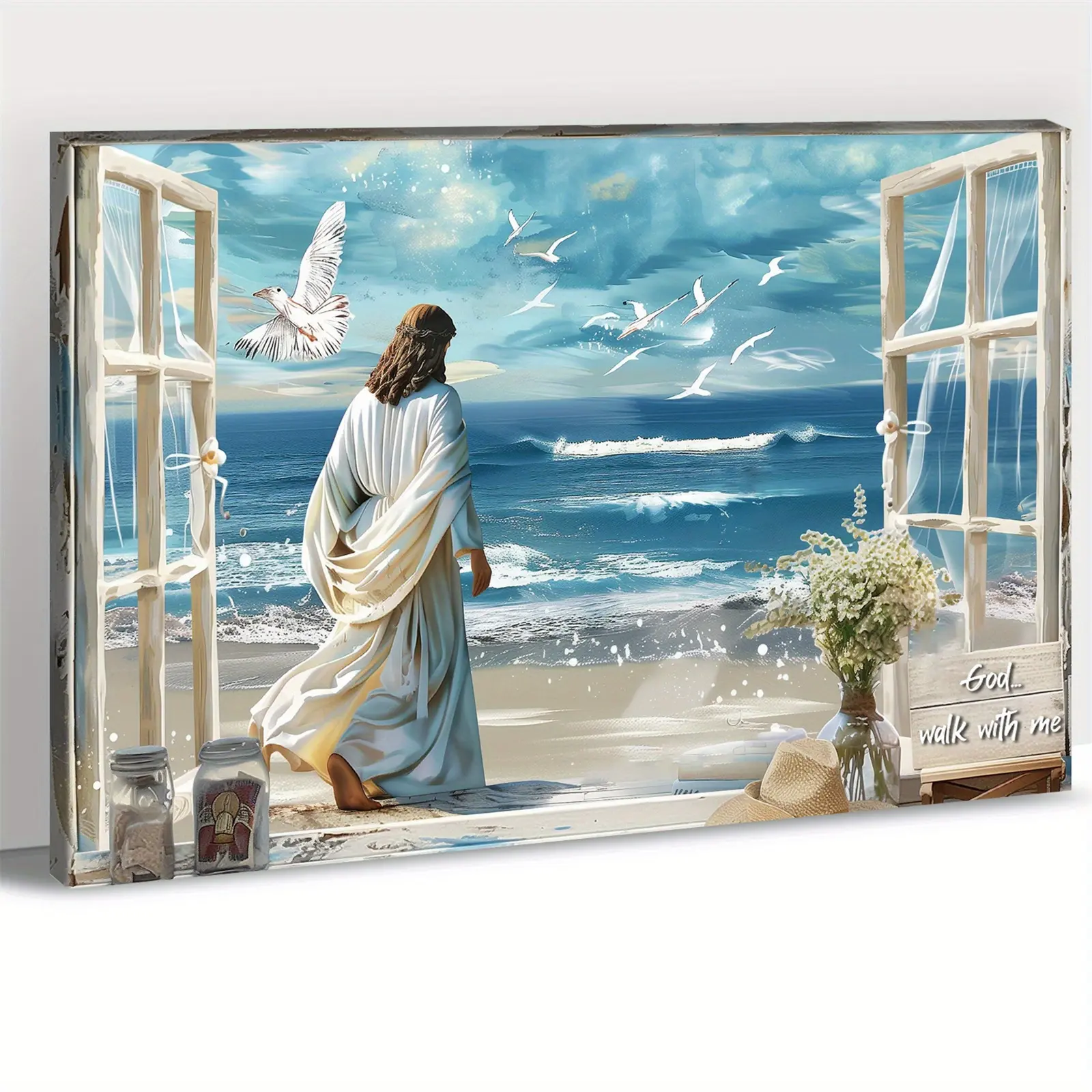 Pine Wood Framed Inspirational Wall Art - Ocean Inspired Fake Window Beach Landscape, Decorations for Room, Modern Home Decor with Frames for Living Room, Bedroom