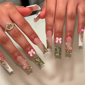 24 Pcs Long Square Nail Set, Rich Money Design, Transparent Nude Base with Gold Print, Full Diamond Chain & Bow, Y2K Sweet Cool Style, Dramatic Look, Party