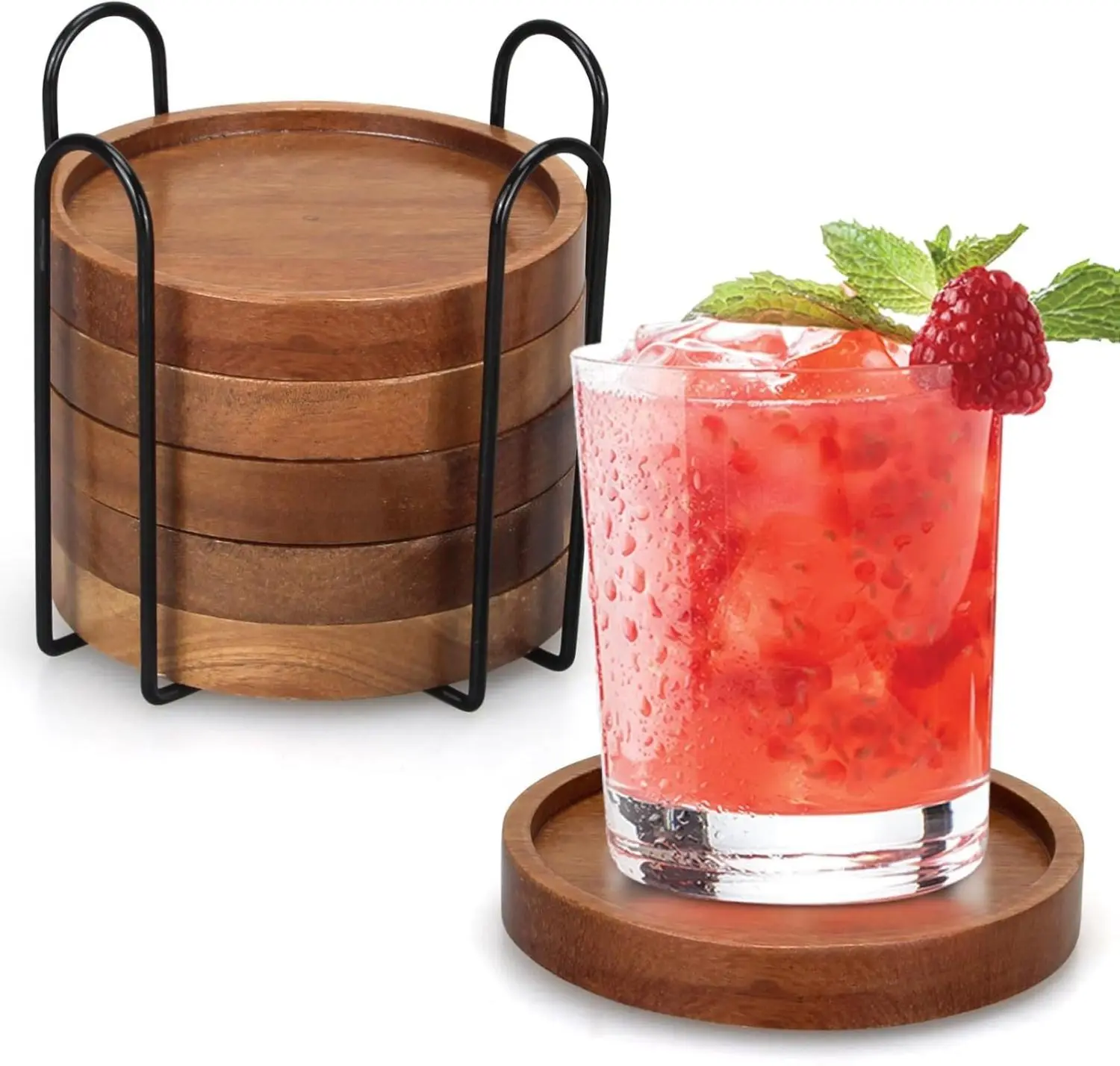 4-Piece Beautifully Crafted Solid Round Acacia Wooden Coasters Set - 0.6in, BPA-Free, Spillguard Lip, Waterproof, with Metal Holder, Kitchen Tableware Accessory for Home Dining, Coffee Bar, Room Decor