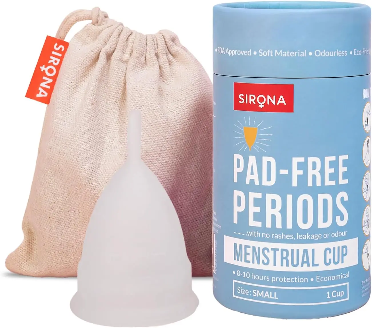 Sirona Reusable Menstrual Cup - Small Size | Ultra-Soft, Odor-Free, Rash-Free Medical-Grade Silicone with Pouch | Leak-Proof Period Cup for Heavy & Light Flow | Tampon & Pad Alternative | Pack of 1