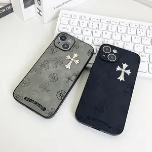 Cross logo leather phone case compatible with iPhone 17/16/15/14/13 Pro Max, iPhone 16/15Plus luxury pure plain leather ultra-thin business phone case 2024 6.1 inches (black)