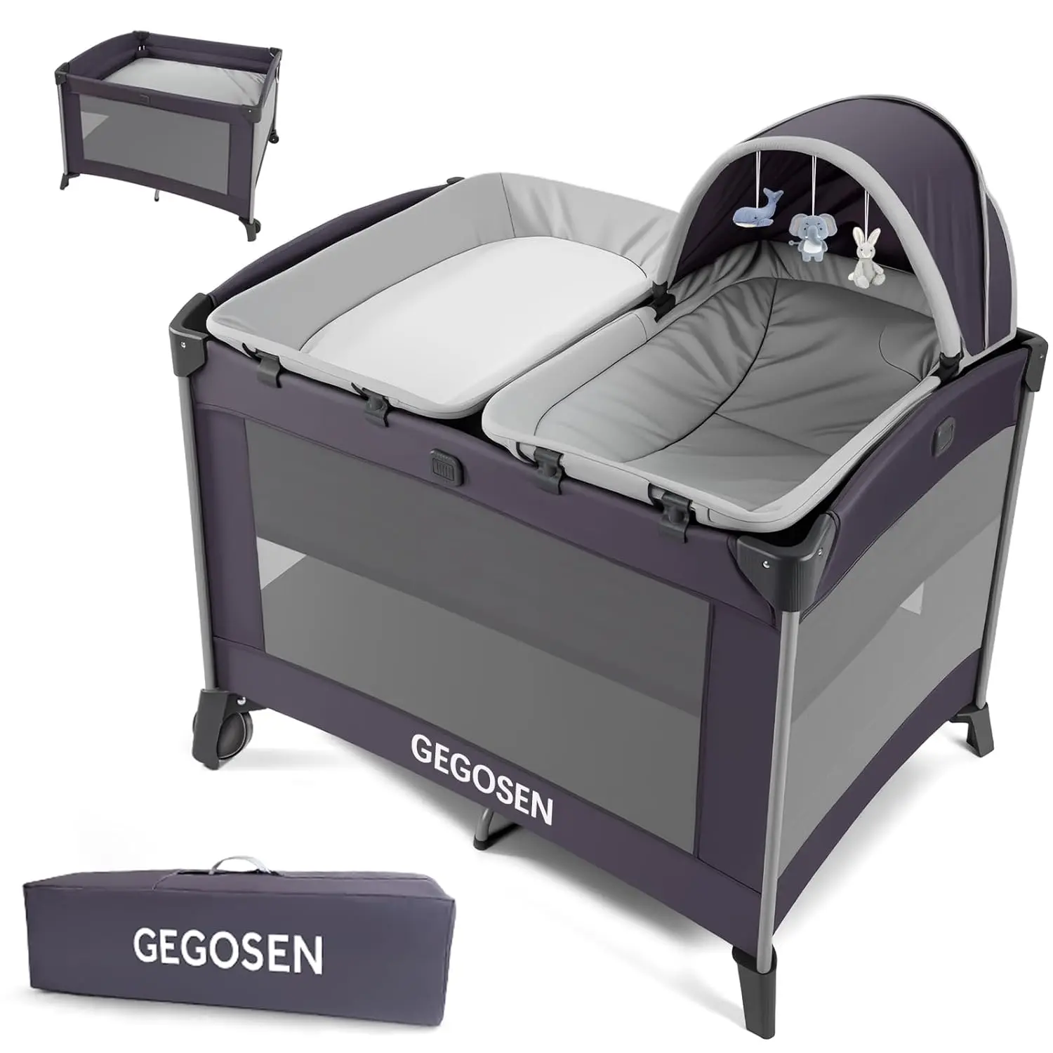 4-in-1 Portable Sturdy Safe Playard, Quick Folding Baby Playpen with Removable Bassinet, Canopy & Changing Table, Infant Nursery Center Travel Crib, Quick Folding Playpen