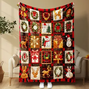 Vintage Christmas Plaid Patchwork Blanket, Soft Flannel Material, Ideal for Sofa Bed Car Office Camping Travel, Year-Round Gift