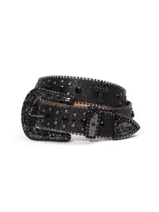Punk Style Rhinestone Decorated PU Belt with Buckle, Fashion Cross Design Belt for Party, Daily Clothing Decor, Trendy Versatile & Exquisite Belt for Birthday Gift, Styling Cross Belt