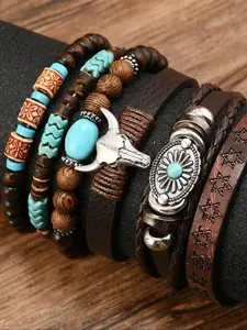 Retro Western Cowboy Style Beaded Bracelets Set, 6pcs Fashionable Jewelry Accessory, Perfect Gift Idea for Men & Women, Leather Braided Bracelet