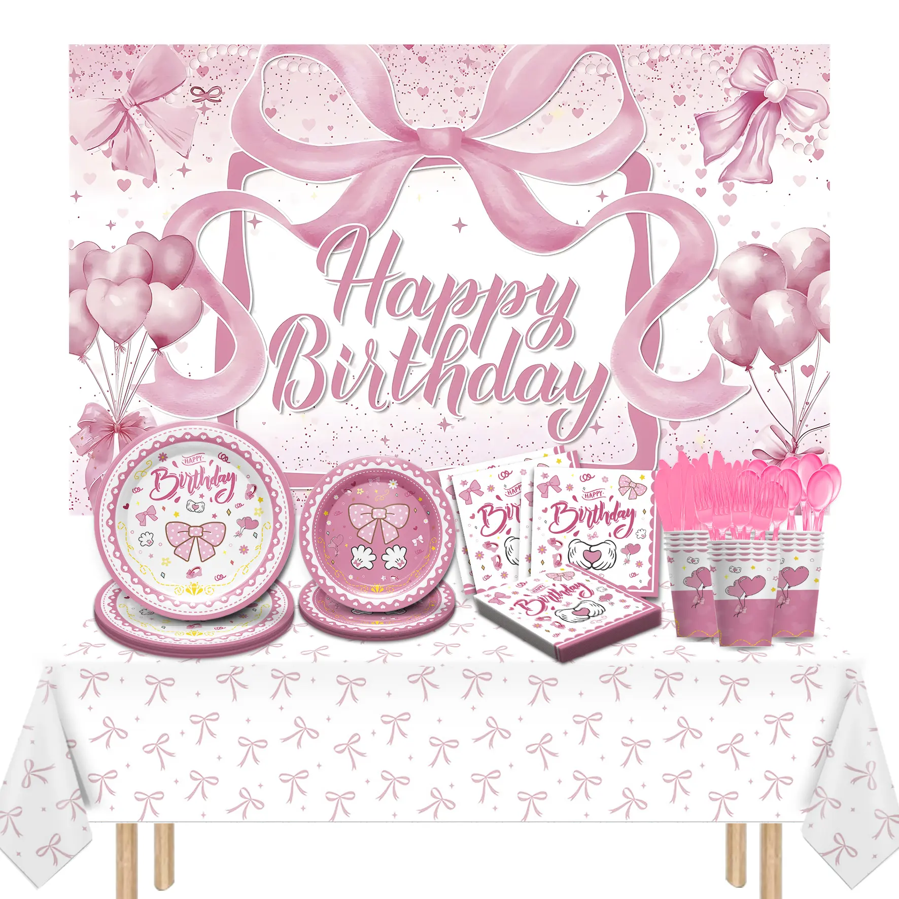Pink Bow-Themed Full Party Kit Birthday Gift Box - Disposable Tableware & Girls' Party Decorations Including Tablecloth, Backdrop Cloth, Plates, Napkins, Cups, Knives, Forks, Spoons for Birthdays, Baby Showers
