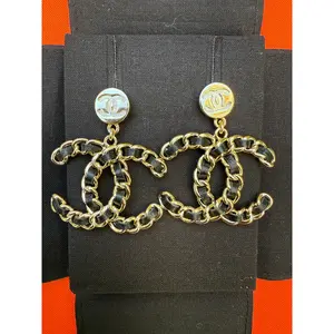 Chanel 25C CC Logo Gold Chain Metal Chained Black Leather Pendant Earrings Large