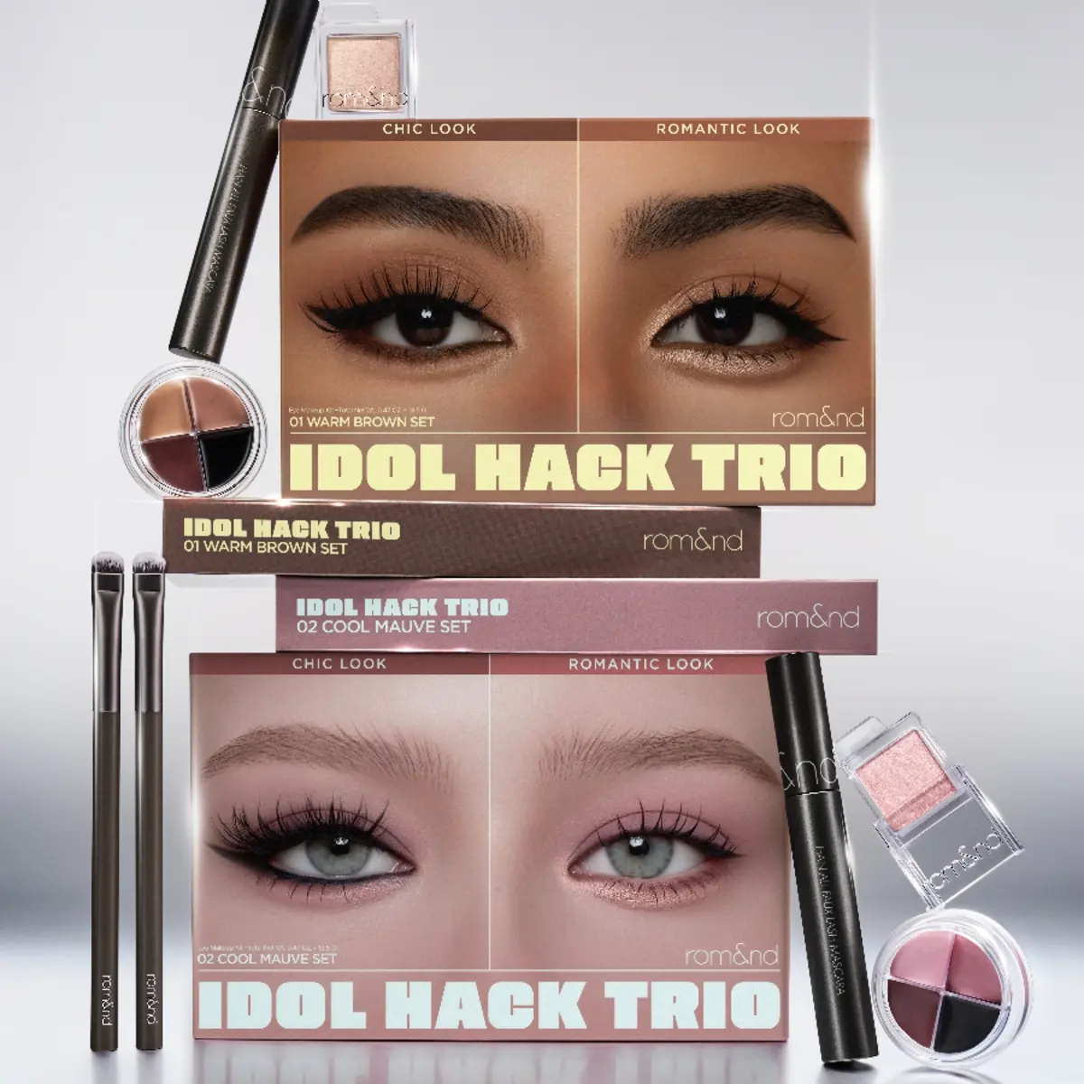 [K-Pop Idol Eye Makeup Kit] rom&nd Idol Hack Trio – Create Multiple Idol Eye Looks with Pot Liner + Eyeshadow + Mascara, Free Brush Included