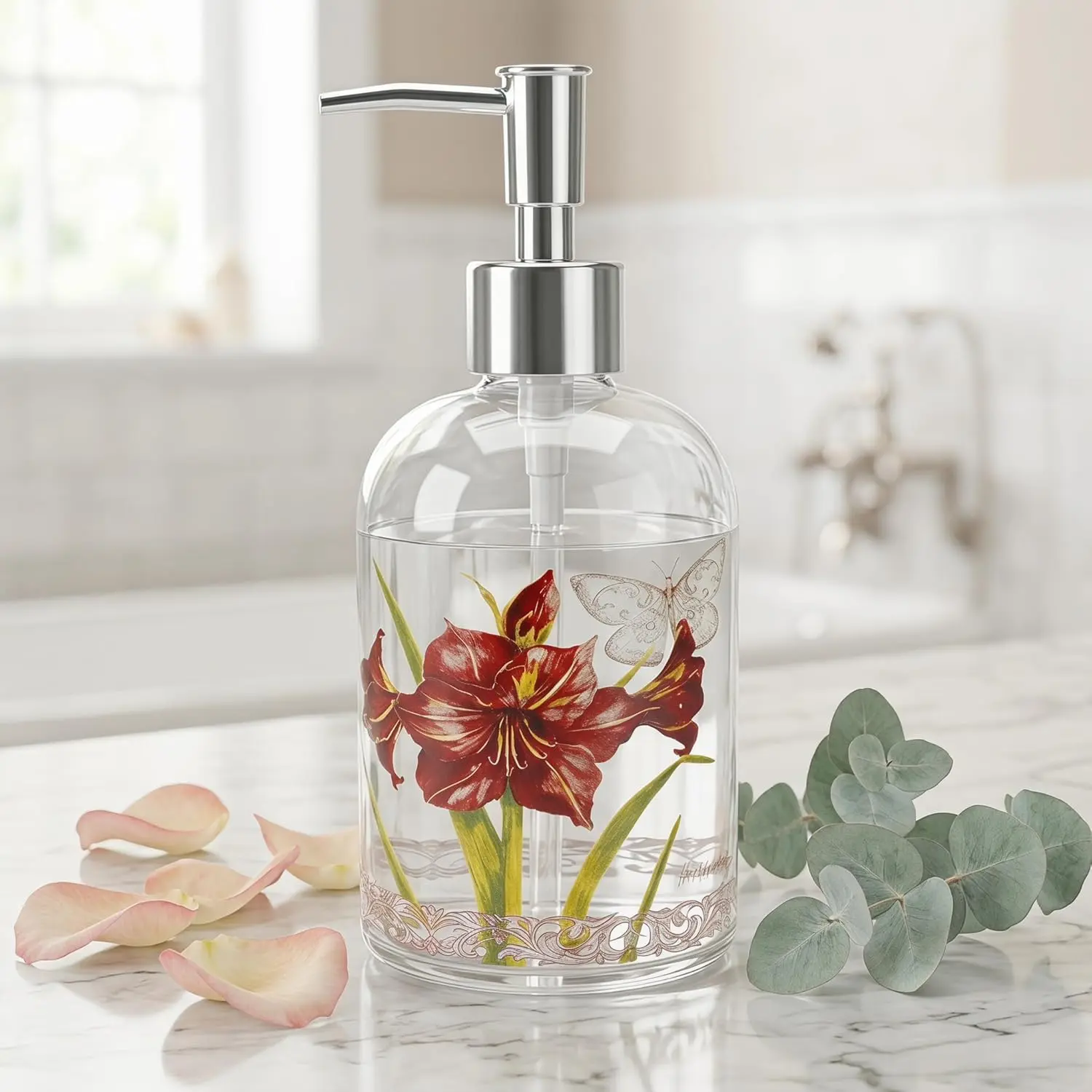 Glass Soap Dispenser with Pump, 17 oz (500 ml) Refillable Hand & Dish Soap Dispenser, Decorative Floral Glass Lotion Dispenser for Kitchen & Bathroom Countertop