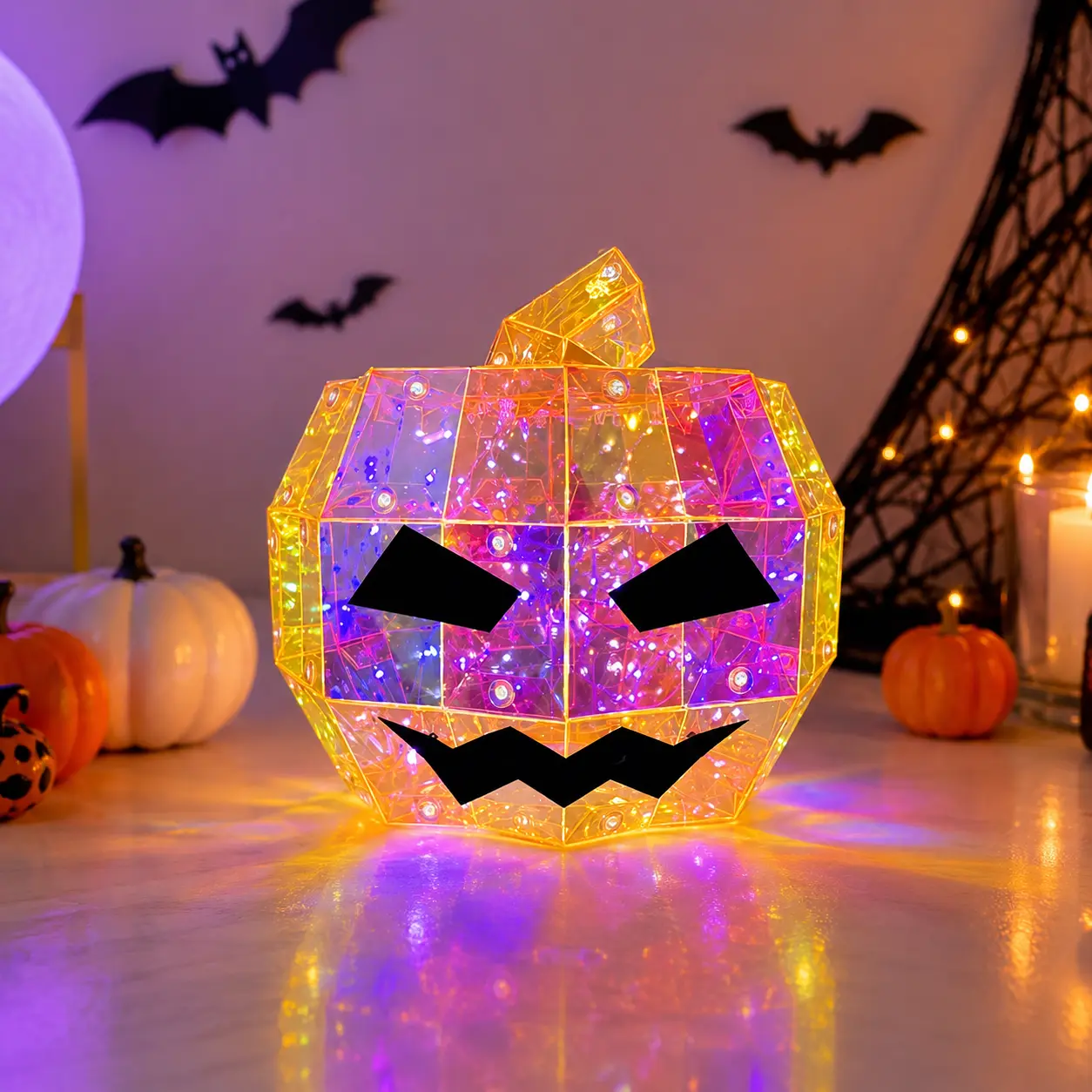 Halloween colorful laser pumpkin light, LED rainbow transparent pumpkin lantern, battery powered; suitable for desktop decoration, living room, window sill, fireplace mantel, nightstand, shelving unit, and home placement and Halloween parties.