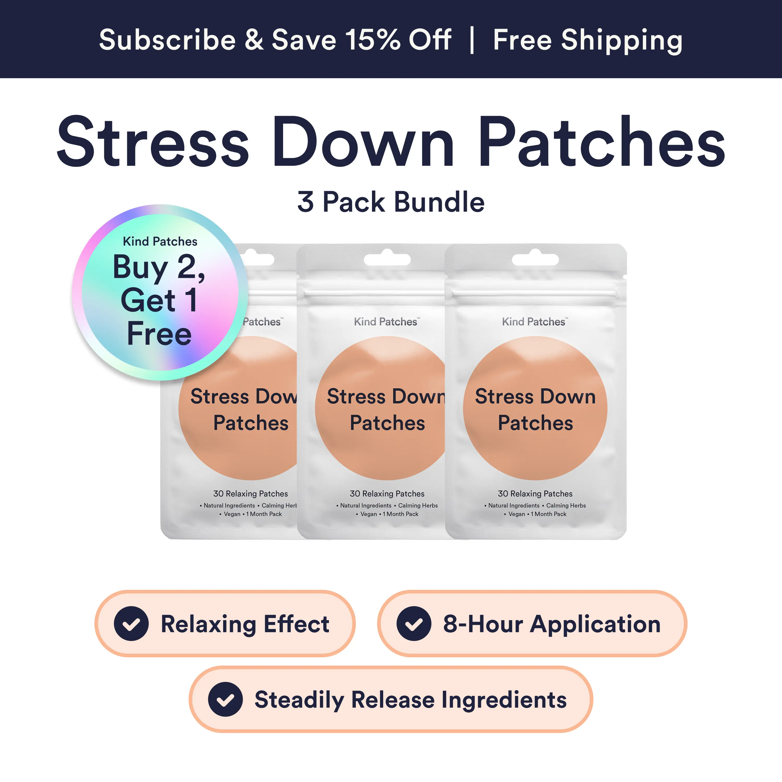 3 Packs of Kind Patches Stress Down Patches, Natural Ingredients, Calming Herbs, Vegan, 3 Months Supply 3 Packs of Kind Patches Stress Down Patches, Natural Ingredients, Calming Herbs, Vegan, 3 Months Supply