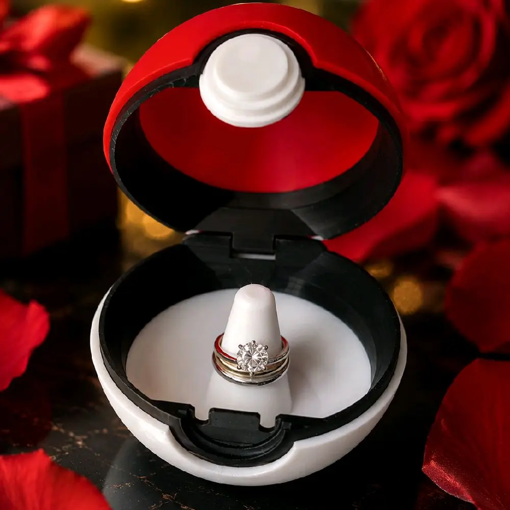 Poké Ball Inspired Engagement Ring Box – 3D Printed Proposal Ring Holder – Unique Wedding & Anniversary Gift Box – Keepsake Jewelry Display Case