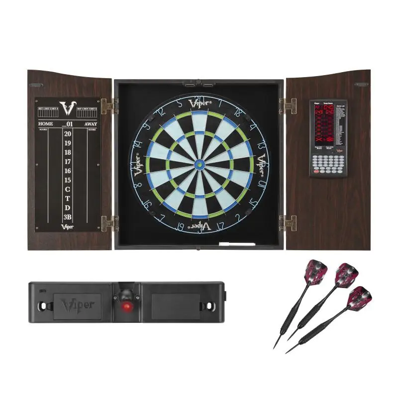 Deluxe Wood Frame Dartboard Cabinet Set (Classic Walnut Finish) - Pro Score Electronic Scoreboard, Chroma Sisal Dartboard, Laser Throw Line, Black Mariah Steel Tip Darts, Accuracy Boost, Convenience for Beginners, Protection & Styling