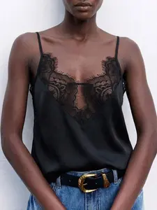 Women's Lace Camisole Top, Sexy V-Neck Thin Straps Satin Backless Vest, Slimming Versatile Summer Outerwear, Party Dressing