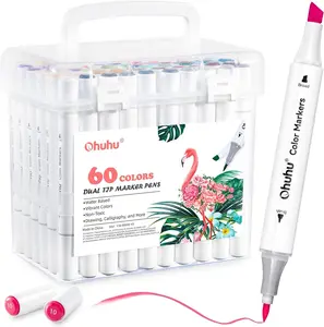 Ohuhu Markers Brush Chisel Tip: Water-Based 60 Colors Double Tipped Art Markers for Adults Coloring Books Kids Calligraphy Drawing Sketching
