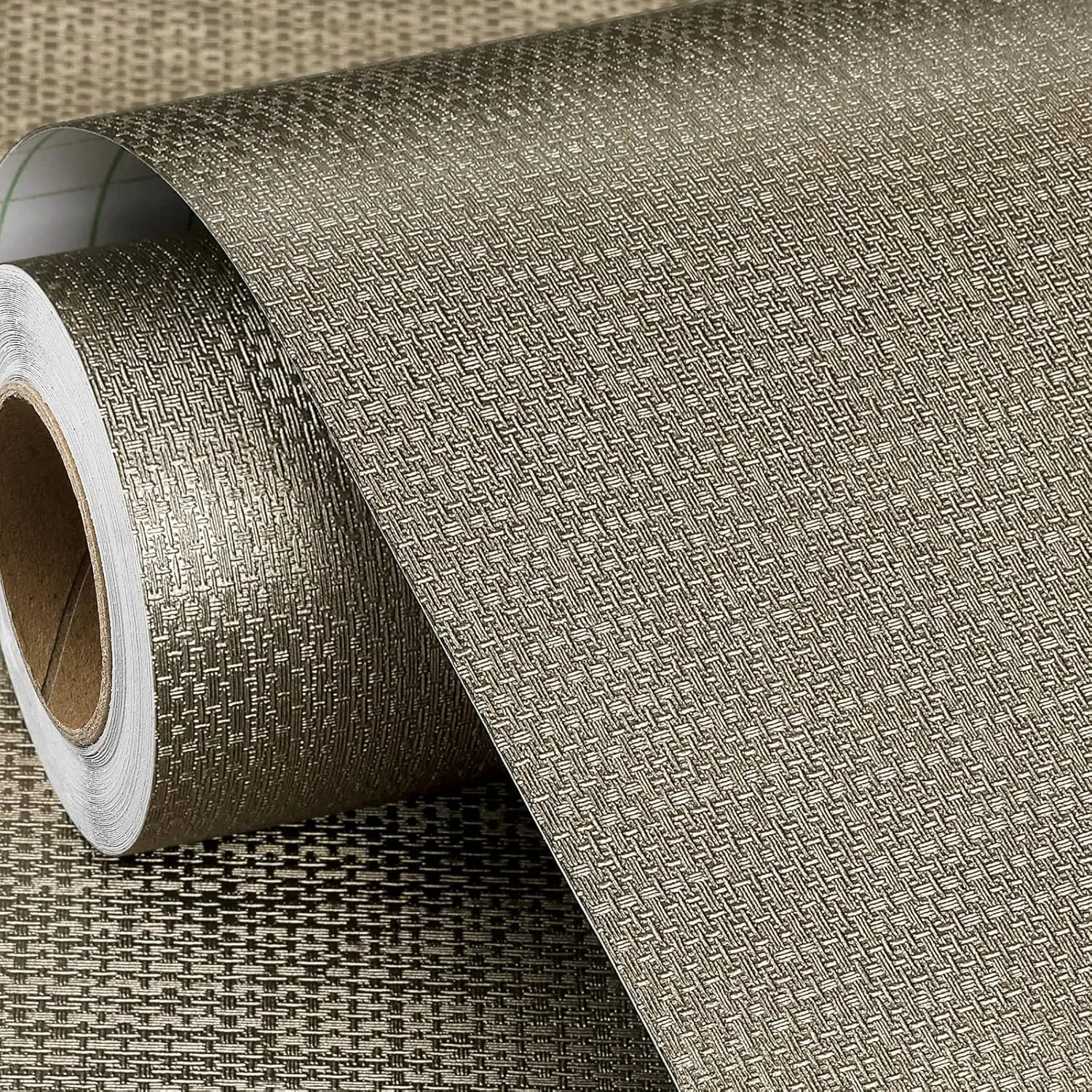 FunStick 16"x240" Taupe Brown Textured Peel-and-Stick Grasscloth Wallpaper, Renter-Friendly Vinyl Wrap for Bathroom Walls, Nightstand, Cubicle, Shelf Liner, Bulletin Board Paper