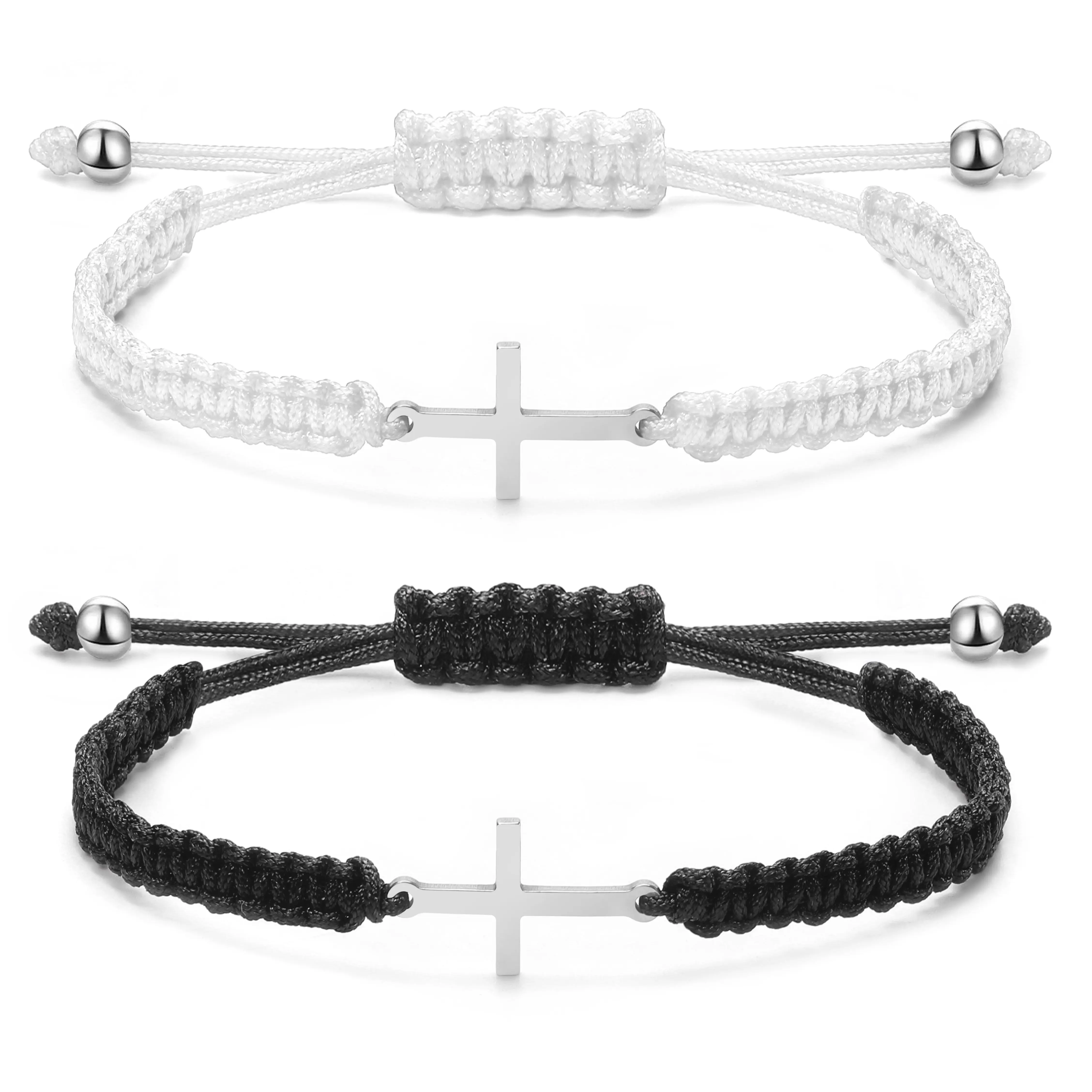 Adjustable Braided Bracelet 2-Pack, Unisex Stainless Steel Religious Jewelry with Cross Charm, Elegant Cuff for Daily Wear, Adjustable Cuffs, Bracelets