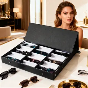 Glasses Storage Box Black PU Leather 8 Grid Sunglasses Collection Display Box with Cover Dustproof Premium18 Slot Sunglasses Organizer Box Stand Display Case/Tray, Fabric Lined & Snap Close