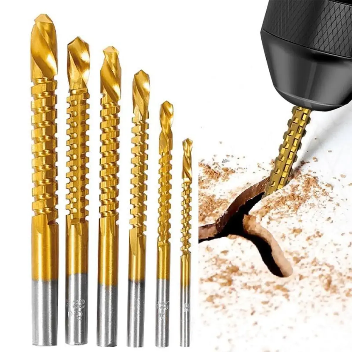 6 Pack Titanium-Coated HSS Twist Drill Bits with Side Serrations, 3-8mm Multi-Material Drills for Wood, Plastic, Metal, Woodworking Tools for Woodworkers, Father's Day Gift