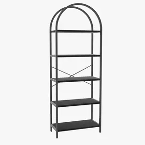 Modern Arched Bookshelf – 5-Tier Tall Bookcase – Metal Frame, Large Open Wood Shelves – Contemporary Storage for Bedroom, Living Room, Office – Sleek Display and Organization